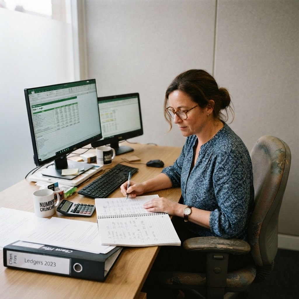 A bookkeeper reconciling ledgers across two monitors